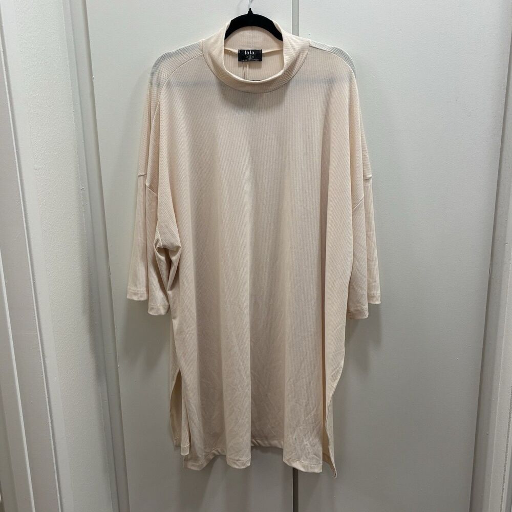 NWT Dressed In Lala Sz 3XL Cream Mock Neck Tunic Top Side Slits Ribbed Knit